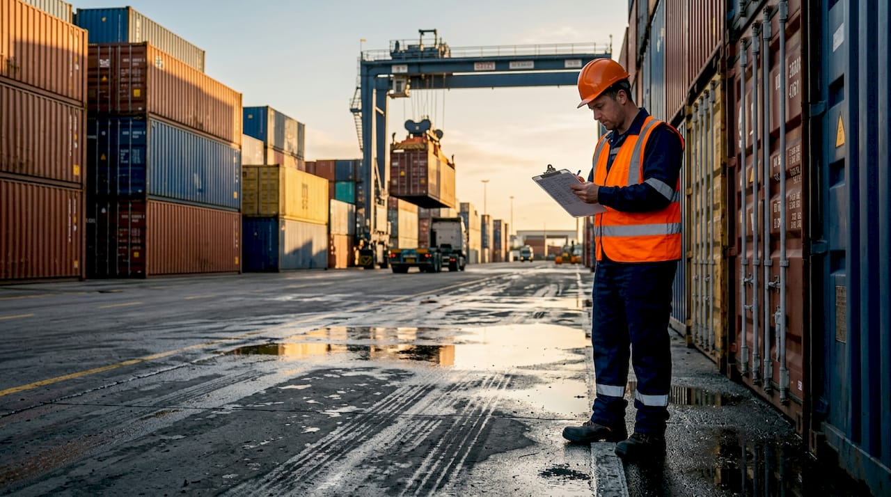 Port worker checks cargo at container terminal