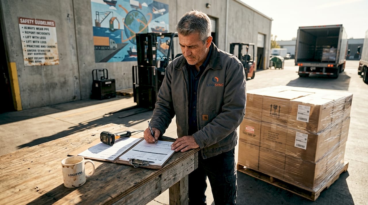 Supervisor signs shipping bill in warehouse