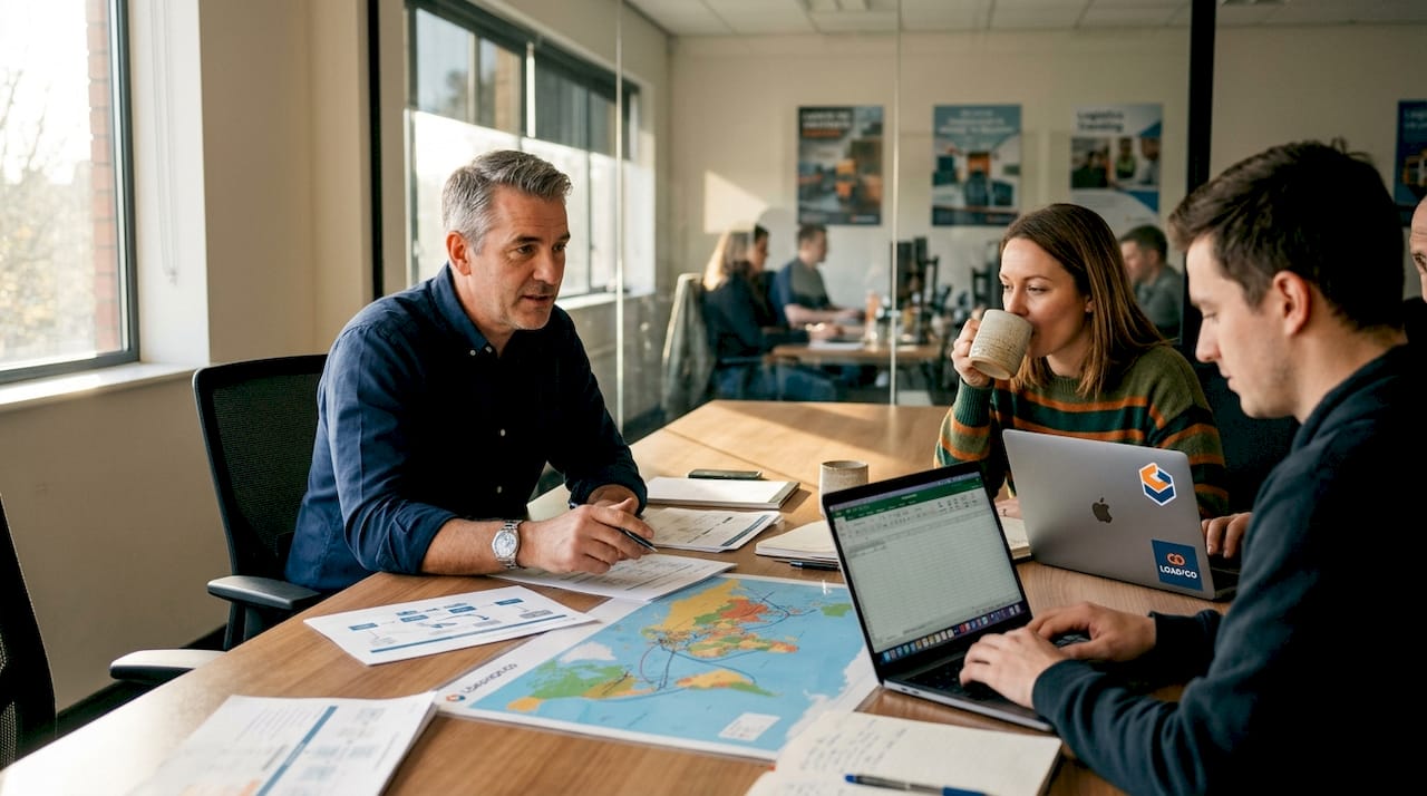 Logistics team meeting with export documents and maps