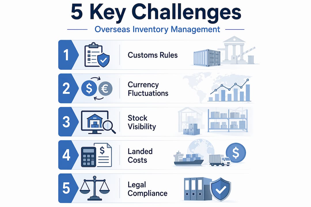 Infographic outlining five challenges in overseas inventory