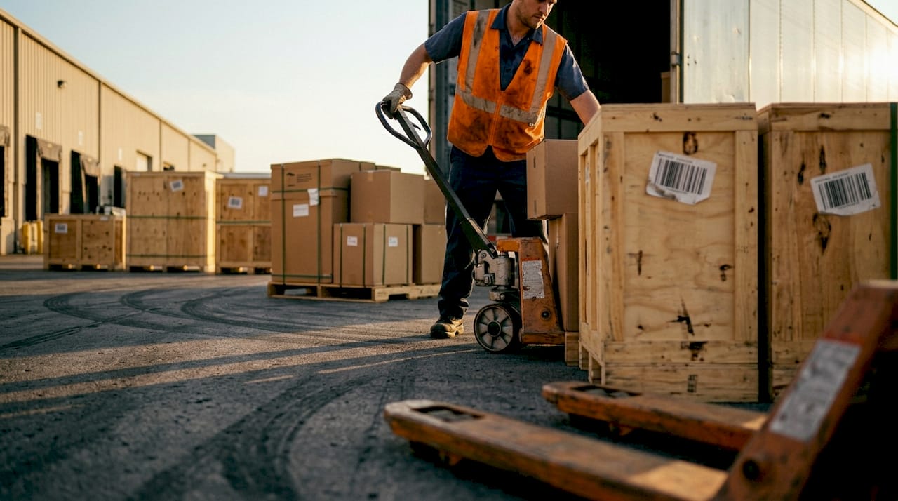 Warehouse worker loading freight into trailer