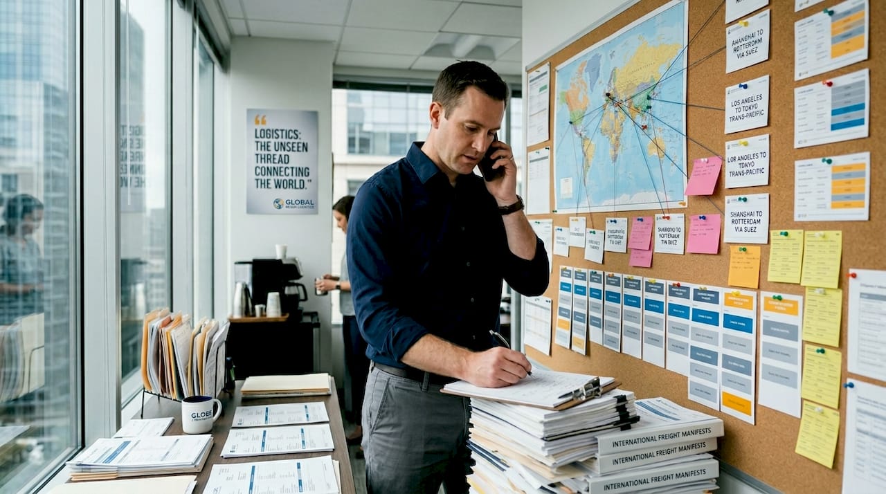 Shipping manager organizing international logistics paperwork