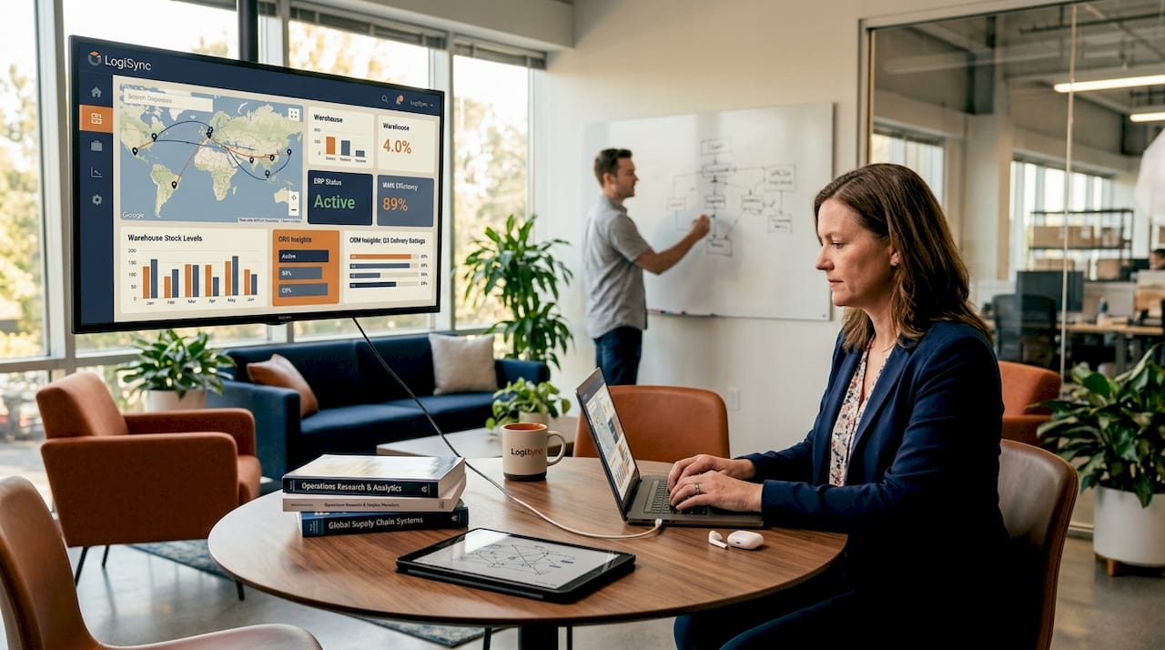 Supply chain analyst using dashboard in modern meeting room