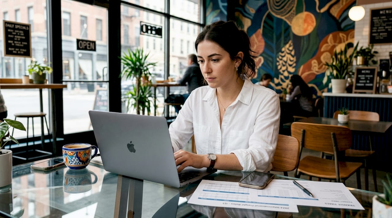 Professional reviewing shipping options on laptop