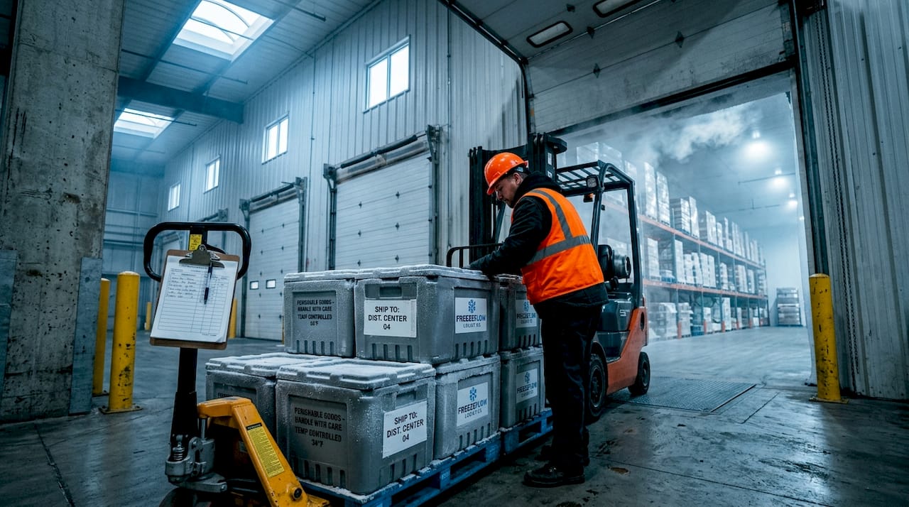 Forklift moving temperature-controlled cargo at warehouse dock