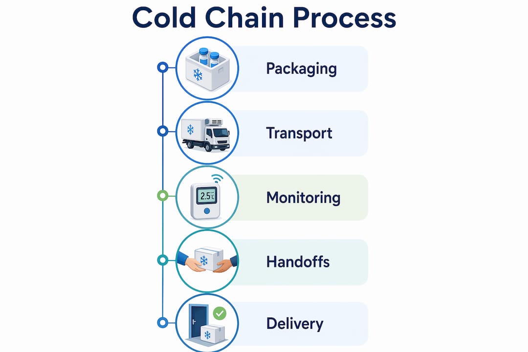 Vertical flow infographic of cold chain process steps