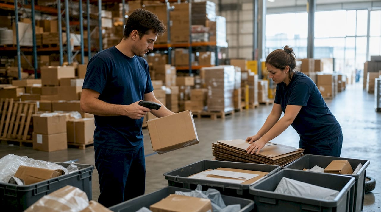 Warehouse workers sorting international returned packages