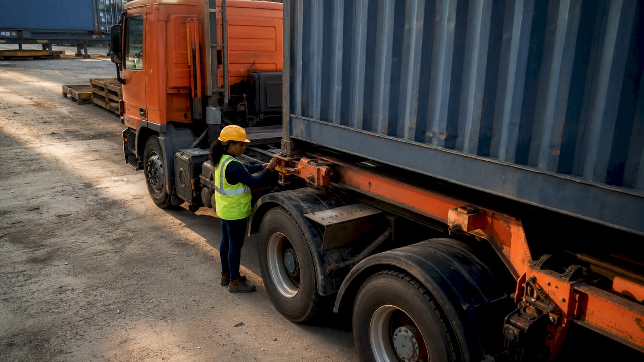 Female truck driver aligning chassis to container
