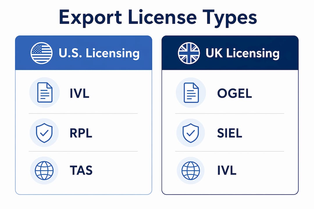 Comparison infographic of US and UK export license types