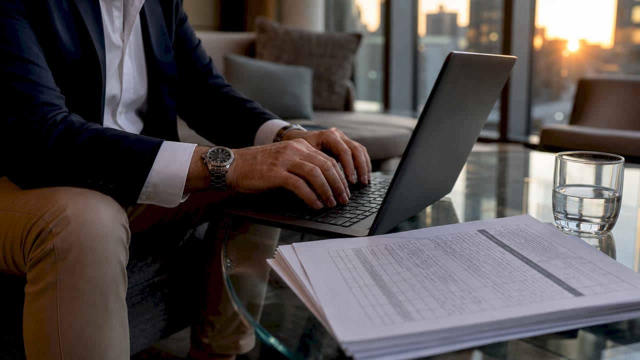 Close-up of hands typing with EDI transaction documents