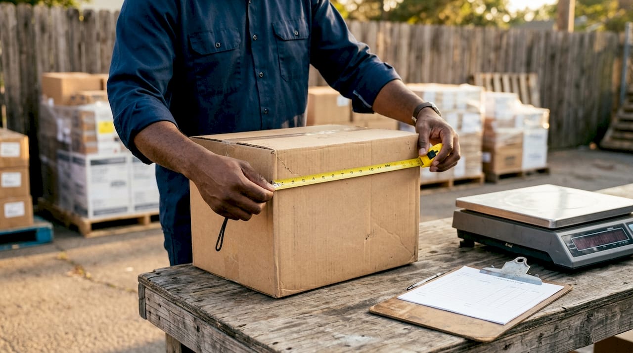 Hands measuring freight box dimensions outdoors