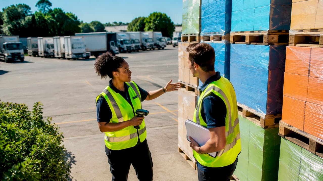 Warehouse workers coordinating inventory fulfillment