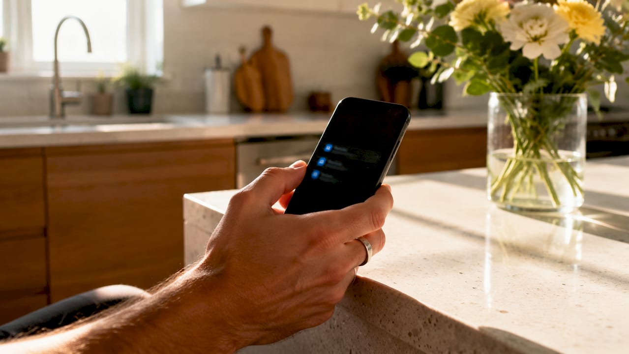 Hand holding phone showing delivery notifications
