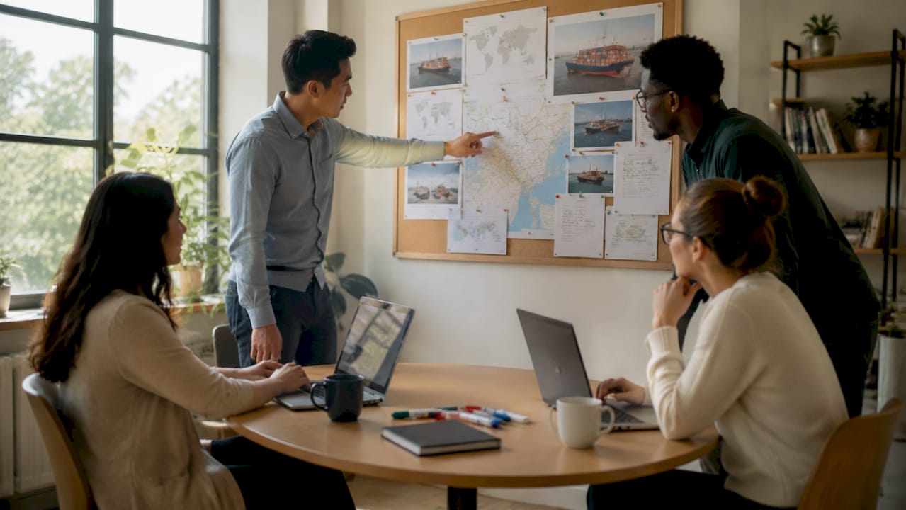 Logistics team collaborating in coworking space