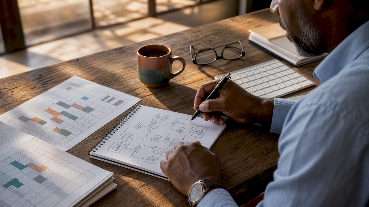 Hands and workspace with logistics planning materials