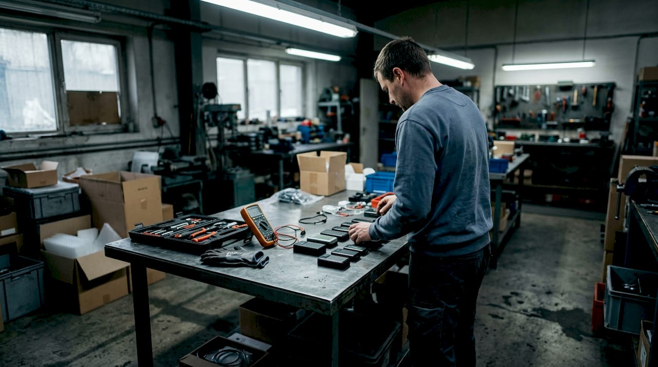 Hands placing freight tracking devices on workbench