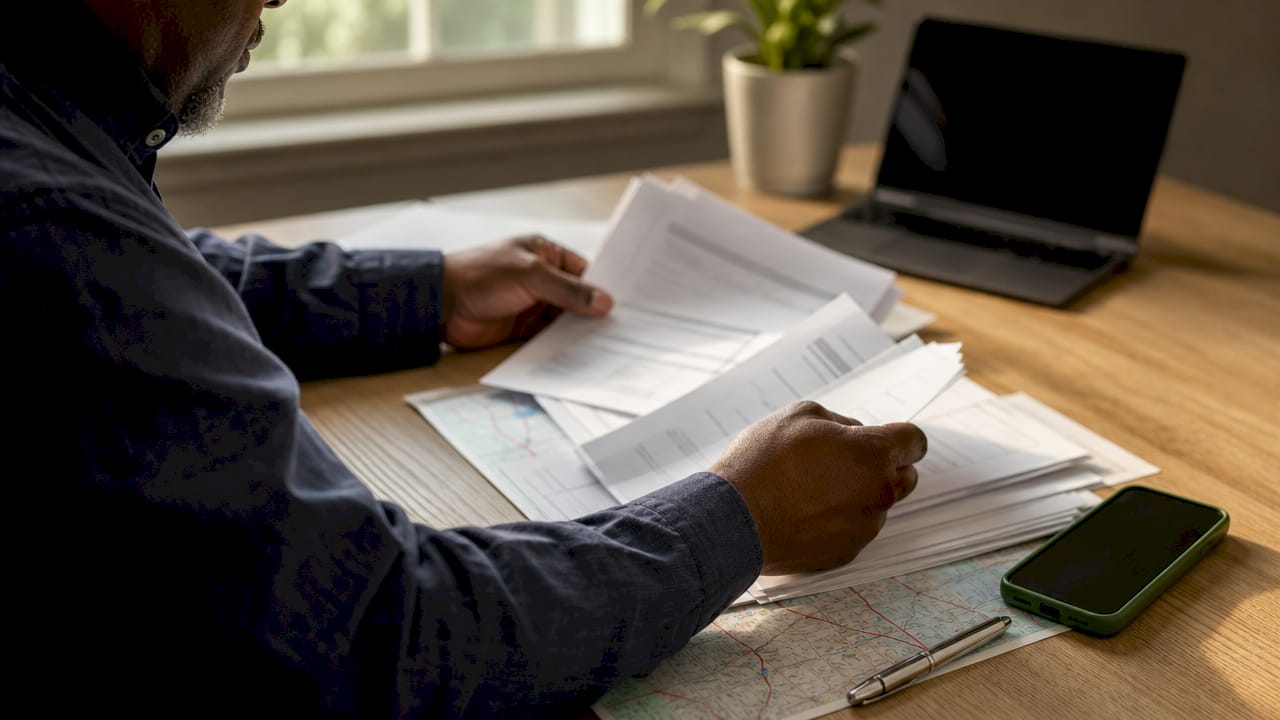 Overhead view of freight broker handling documents