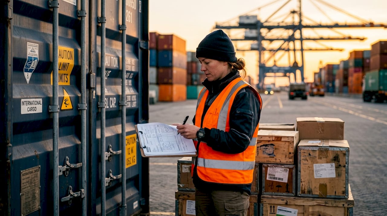 Hands holding shipment documents near container