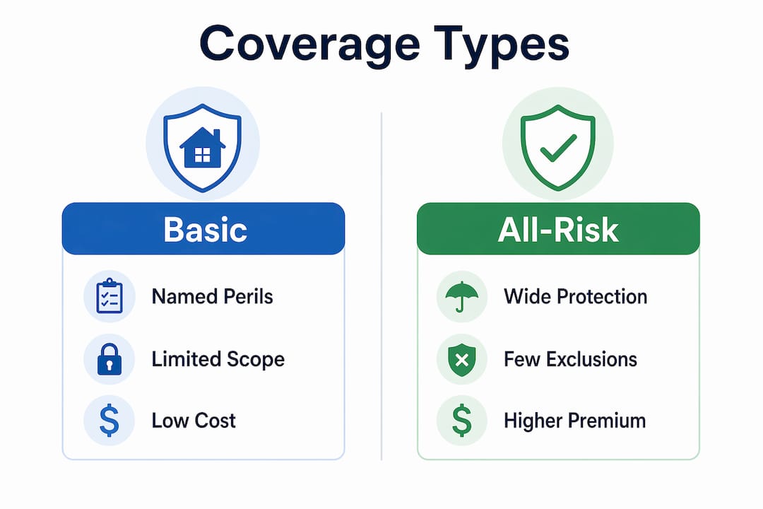Infographic showing basic vs all-risk freight insurance types