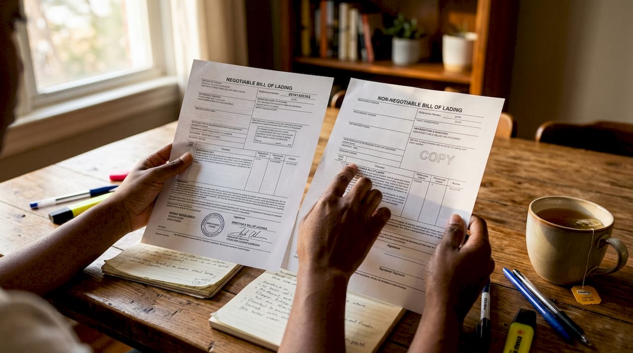 Hands holding two types of bill of lading documents