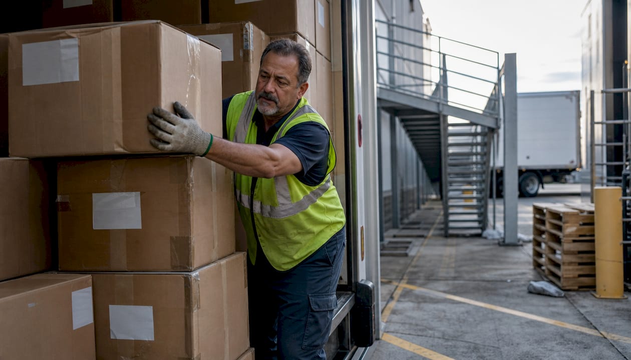 Warehouse worker loading expedited freight onto truck