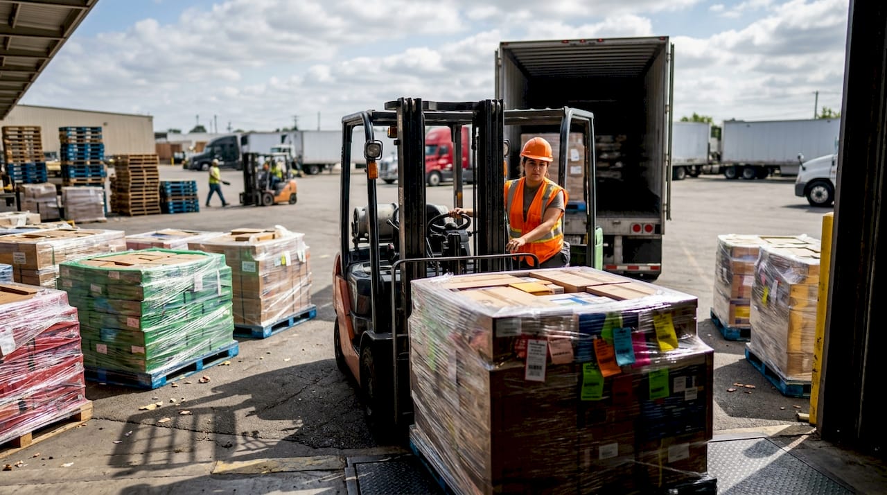 Forklift operator loading freight pallets