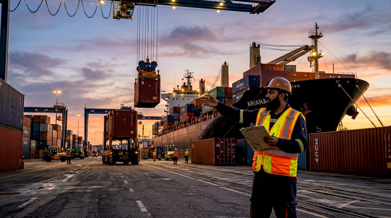 Worker overseeing cargo loading at port