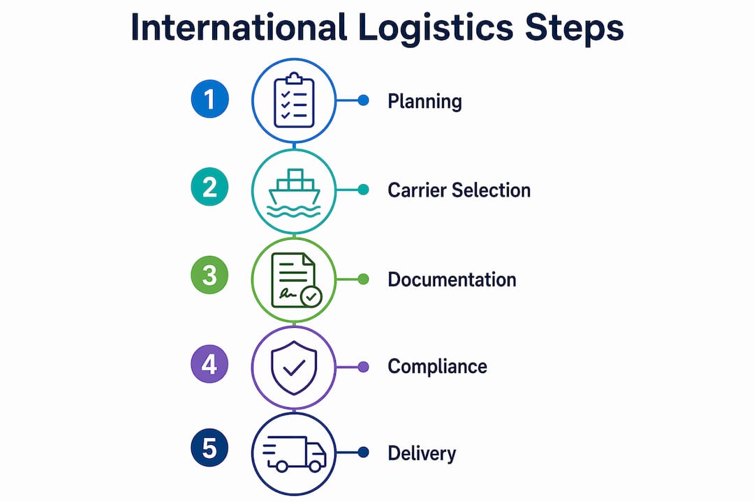 Infographic illustrating five steps of international logistics