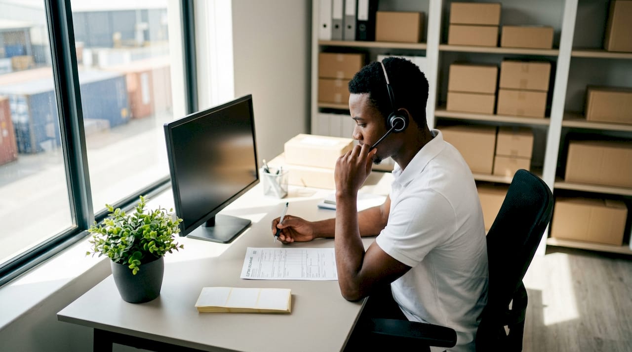 Customs broker on phone handling shipment paperwork