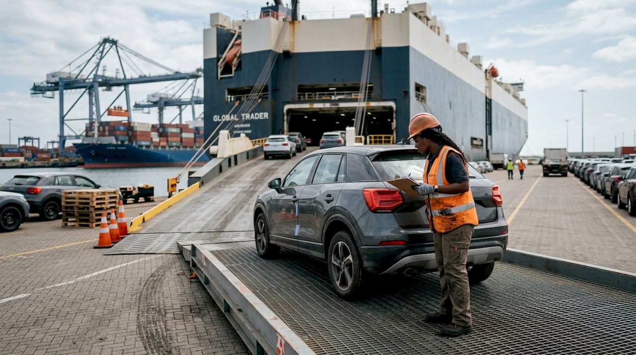 Woman inspecting car at shipping port ramp