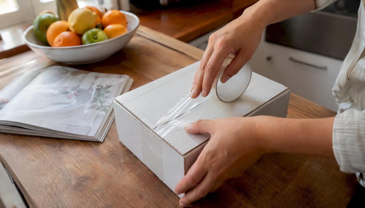 Hands sealing Priority Mail International box with tape