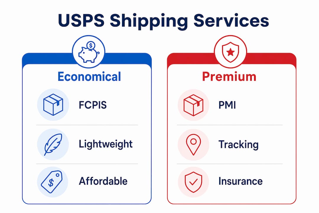 Infographic comparing USPS economical and premium international shipping services