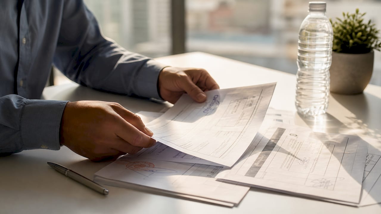 Hands organizing customs import documents on table