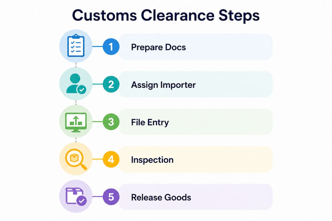 Vertical flow infographic of customs clearance key steps