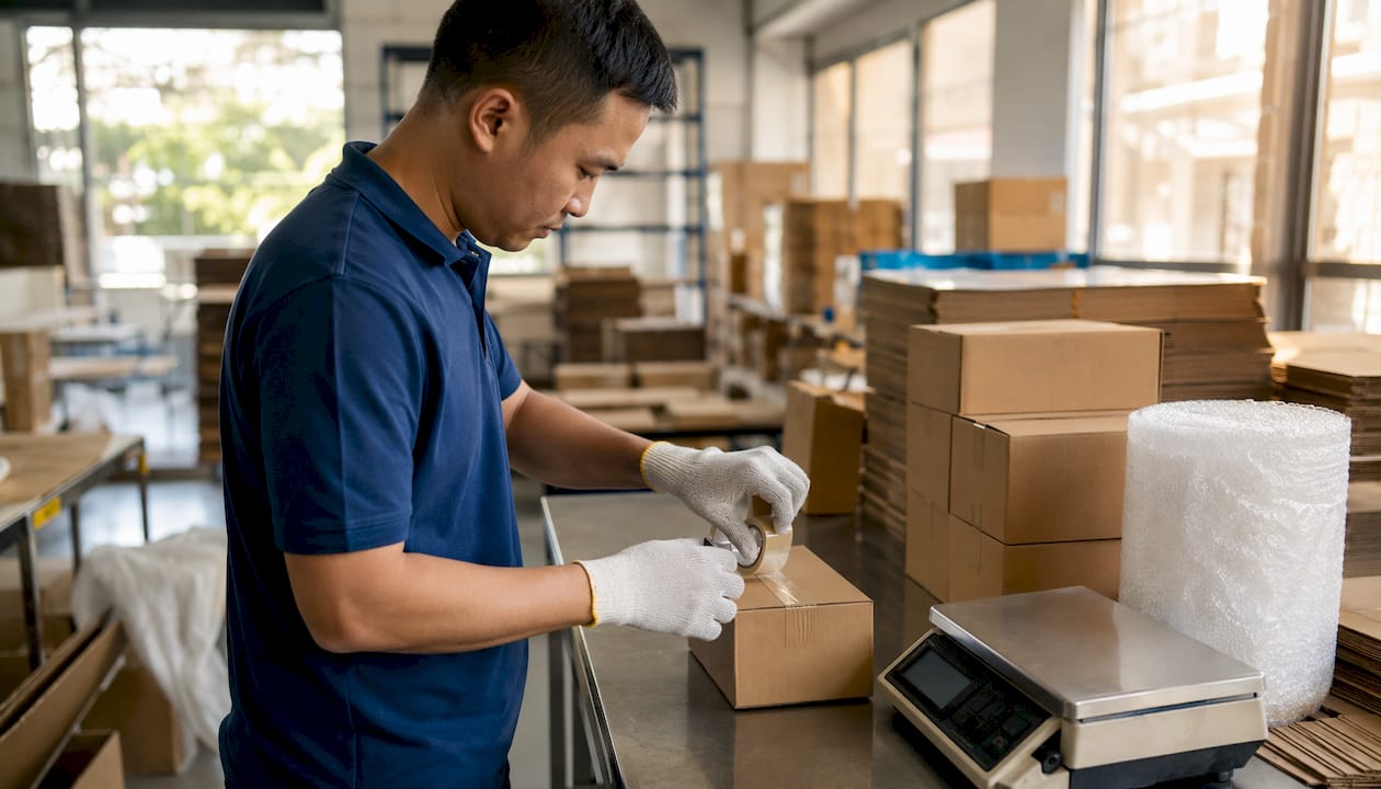 Hands packing compact shipping boxes