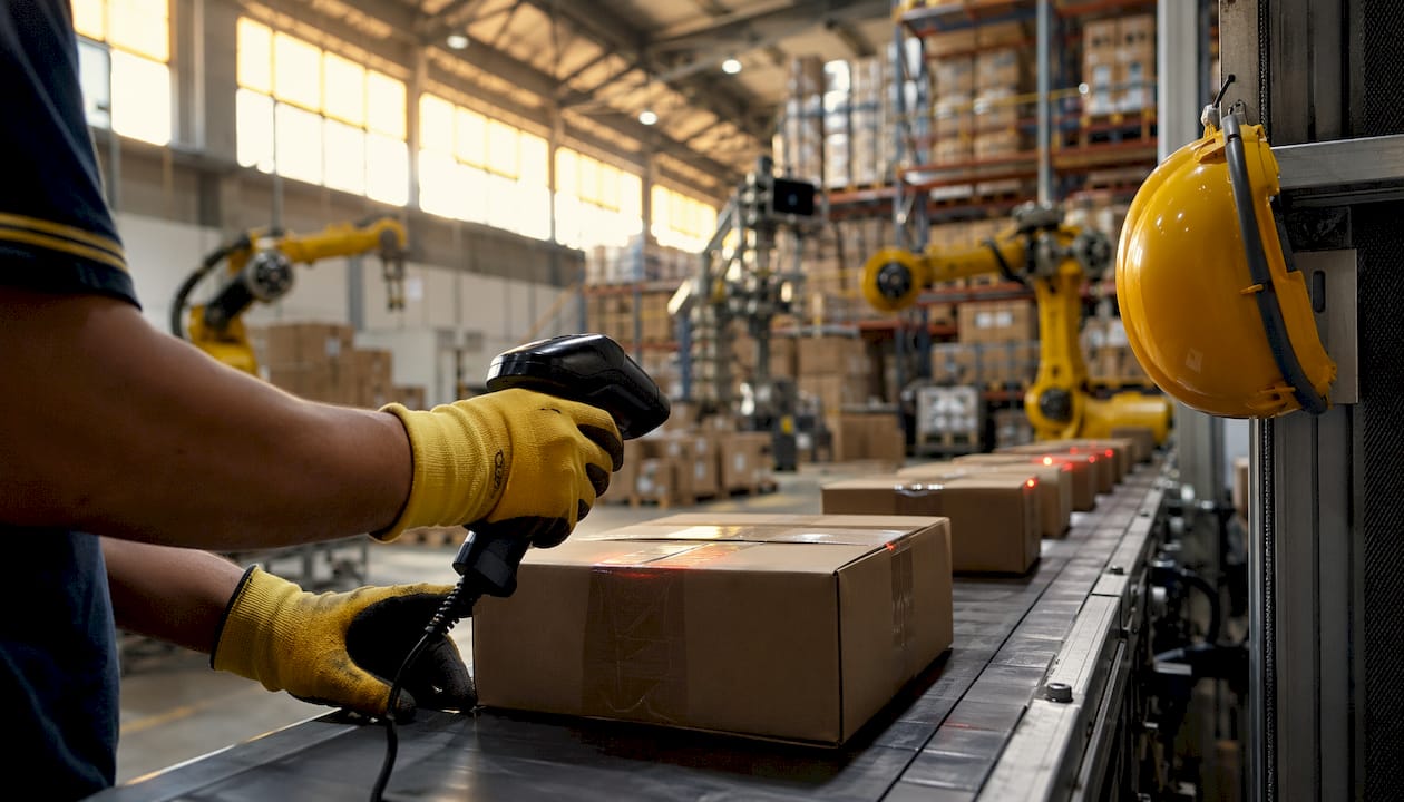 Hands scanning parcels in automated warehouse