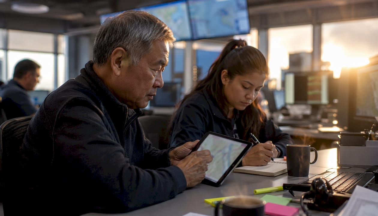 Supply chain control room with team monitoring data