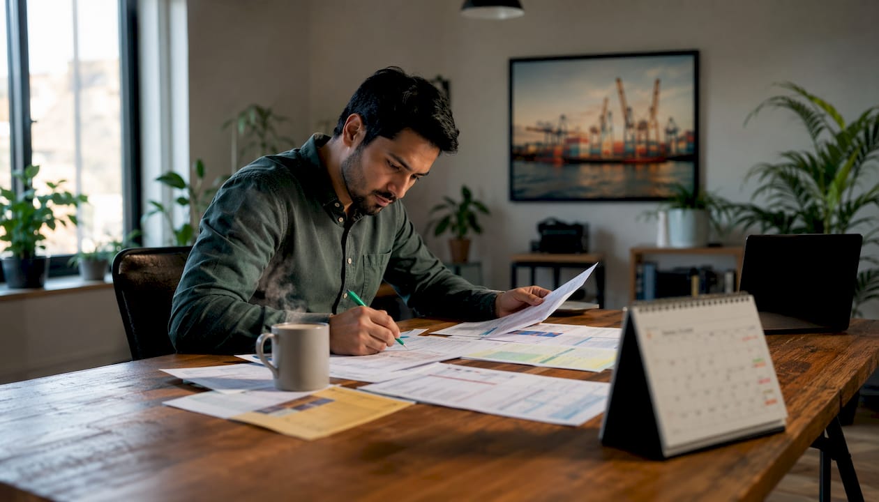 Freight forwarder reviewing shipping documents