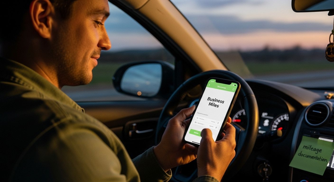 Delivery driver using a mileage tracking app on smartphone