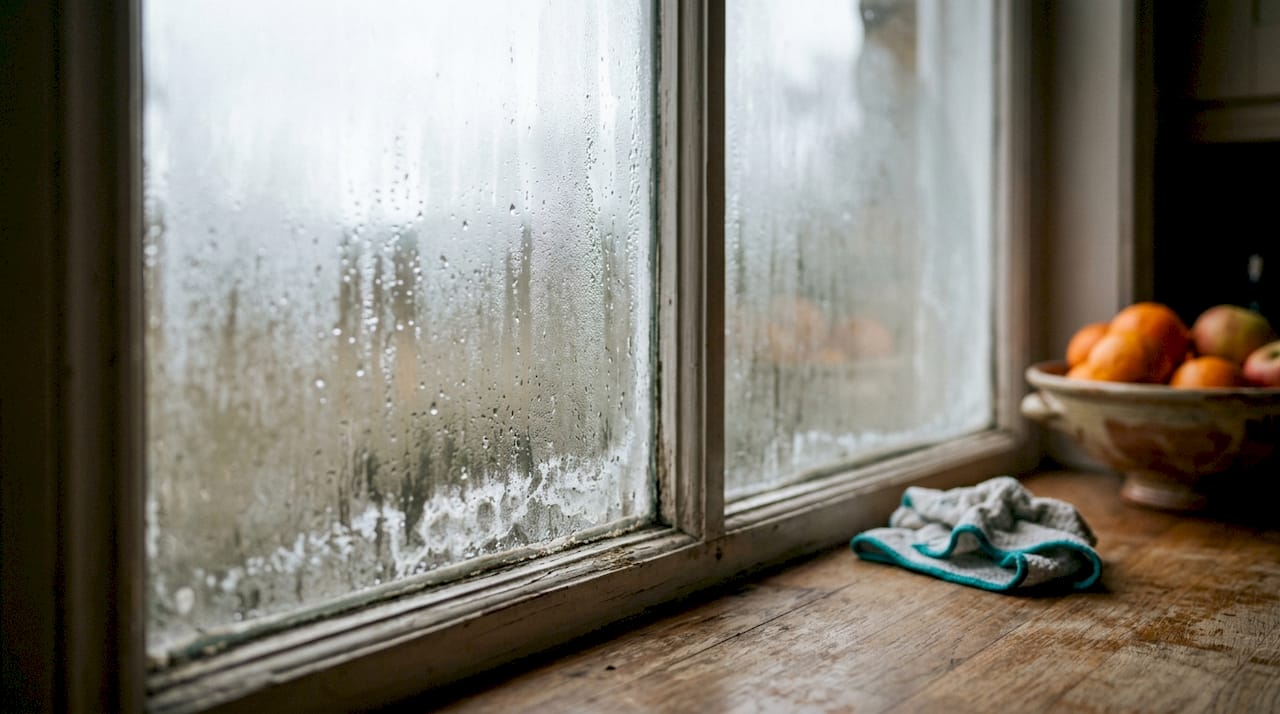 Close-up of condensation inside window glass