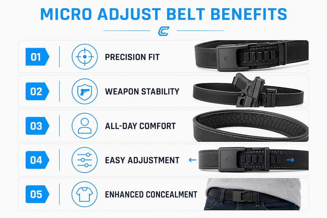 Infographic highlighting key benefits of micro adjust gun belts
