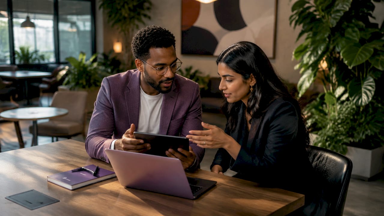 Two business partners reviewing profile data on tablet