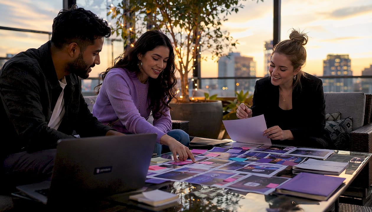 Team discussing voice spine brand elements