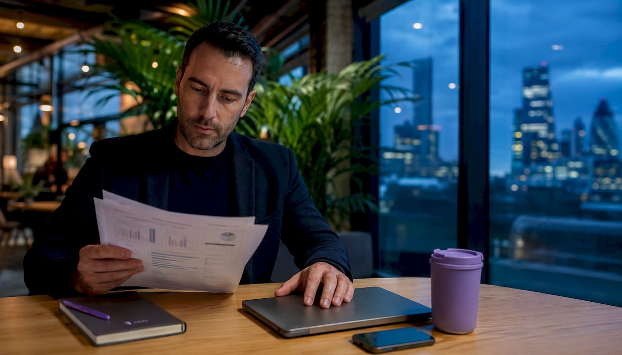 Analyst reviewing SEO documents near window