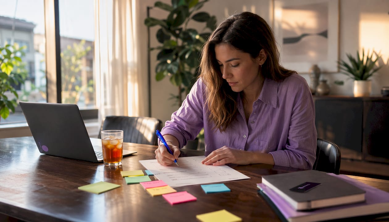 Hands annotating SEO audit checklist at desk