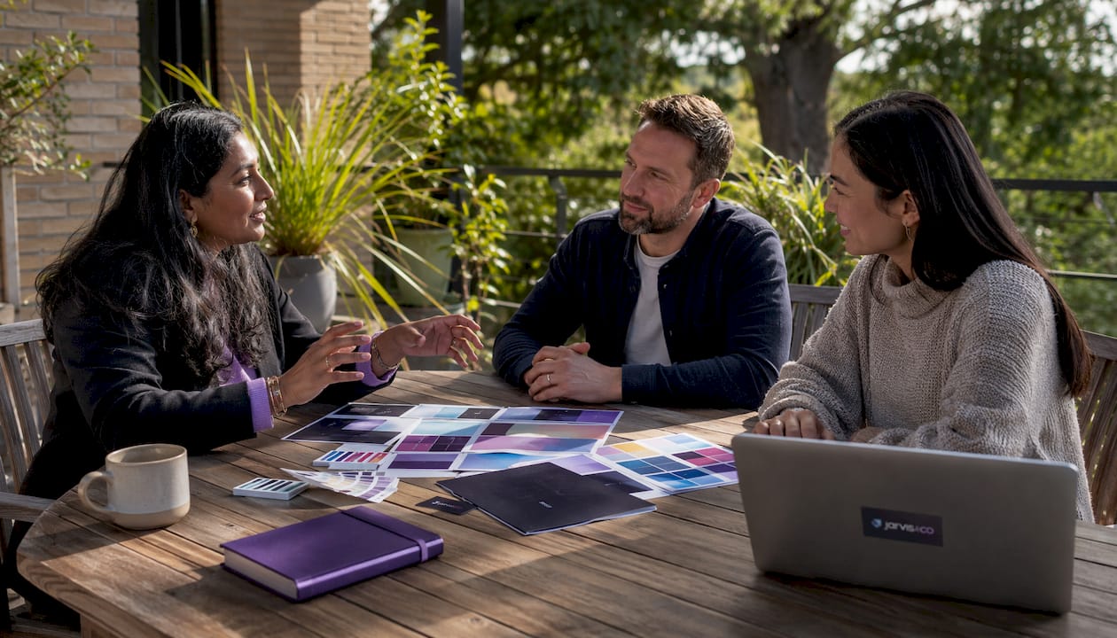 Consultant discussing branding with business owners at table