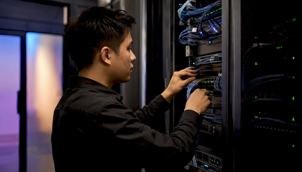 Hands connecting cables in server room