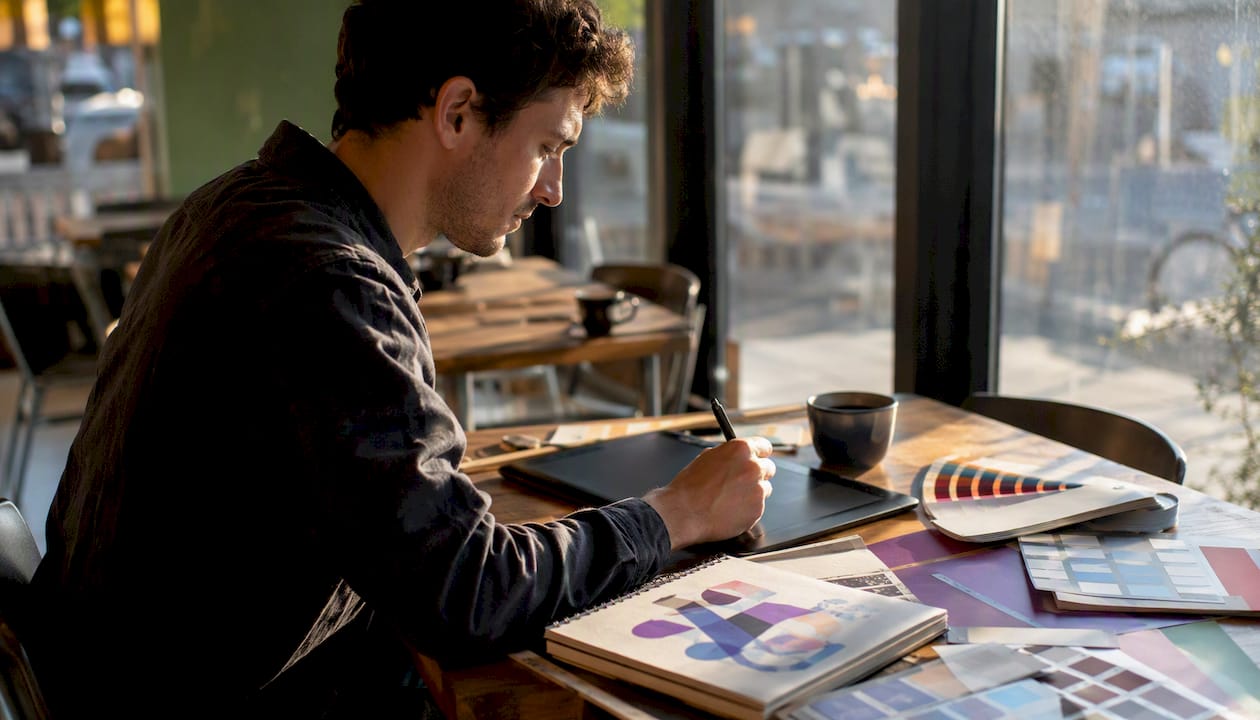 Designer drawing vector graphics on tablet