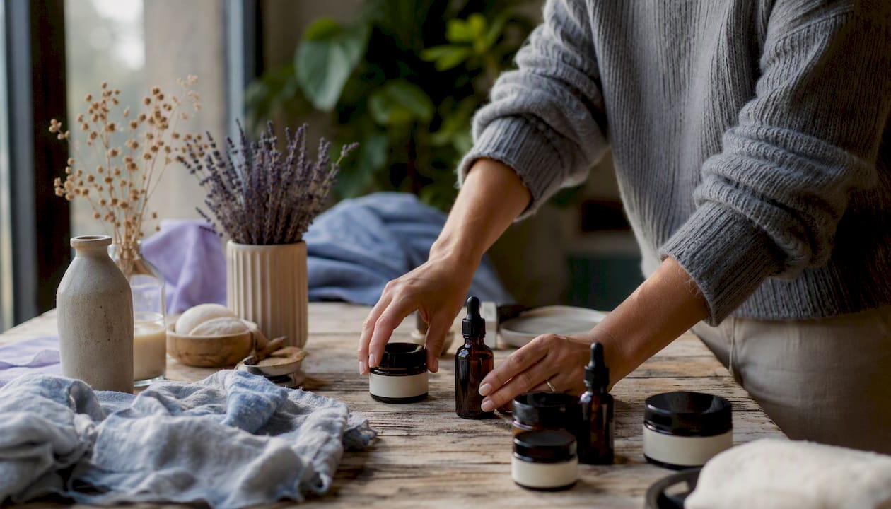 Hands arranging products for photography