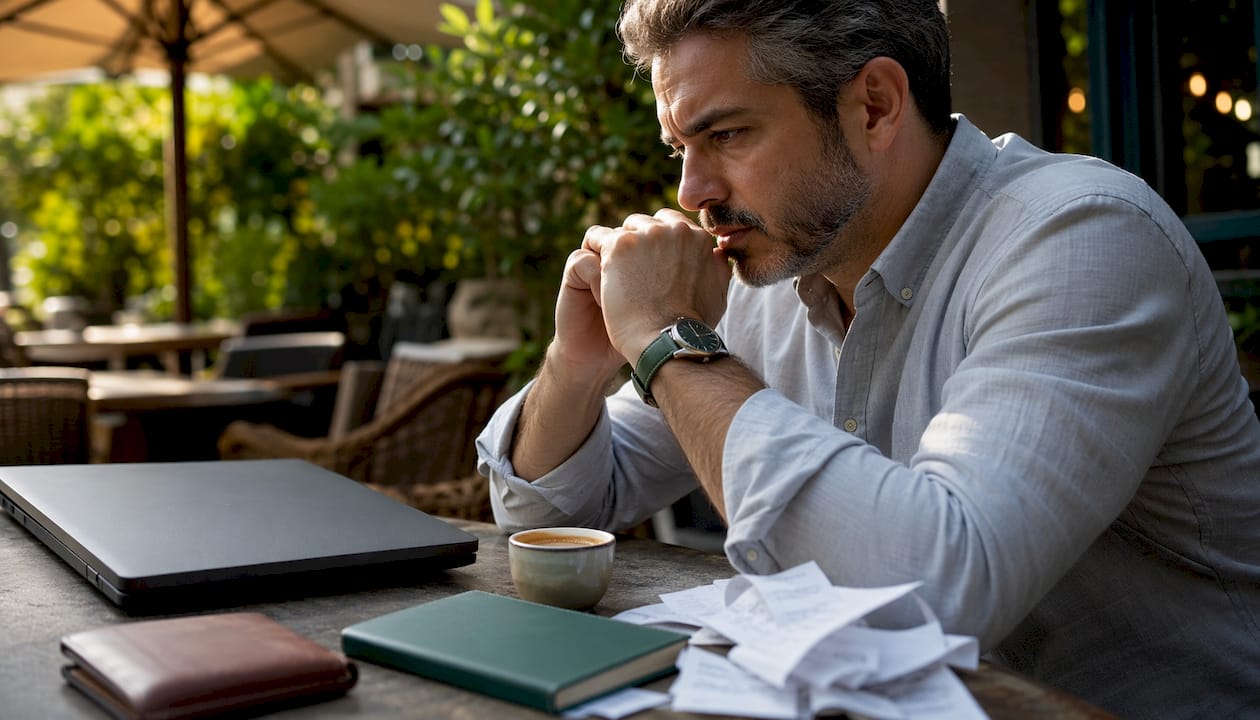 Entrepreneur working in coffee shop with laptop closed